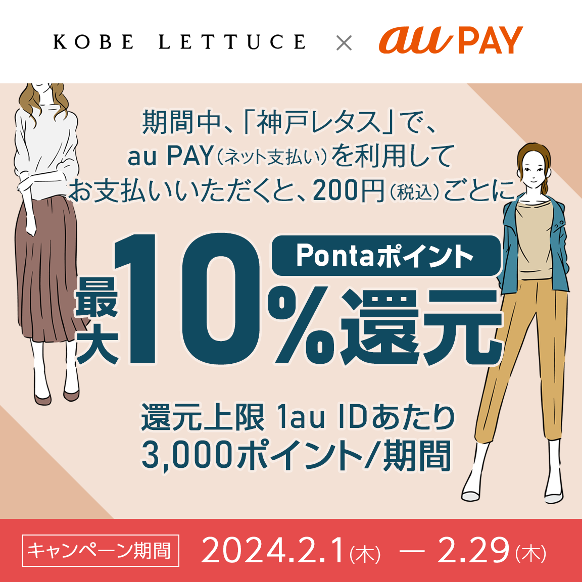 神戸レタスにてau PAY（ネット支払い）で決済された方を対象に、Pontaポイント最大10％還元！キャンペーン期間：2024年2月1日～2月29日