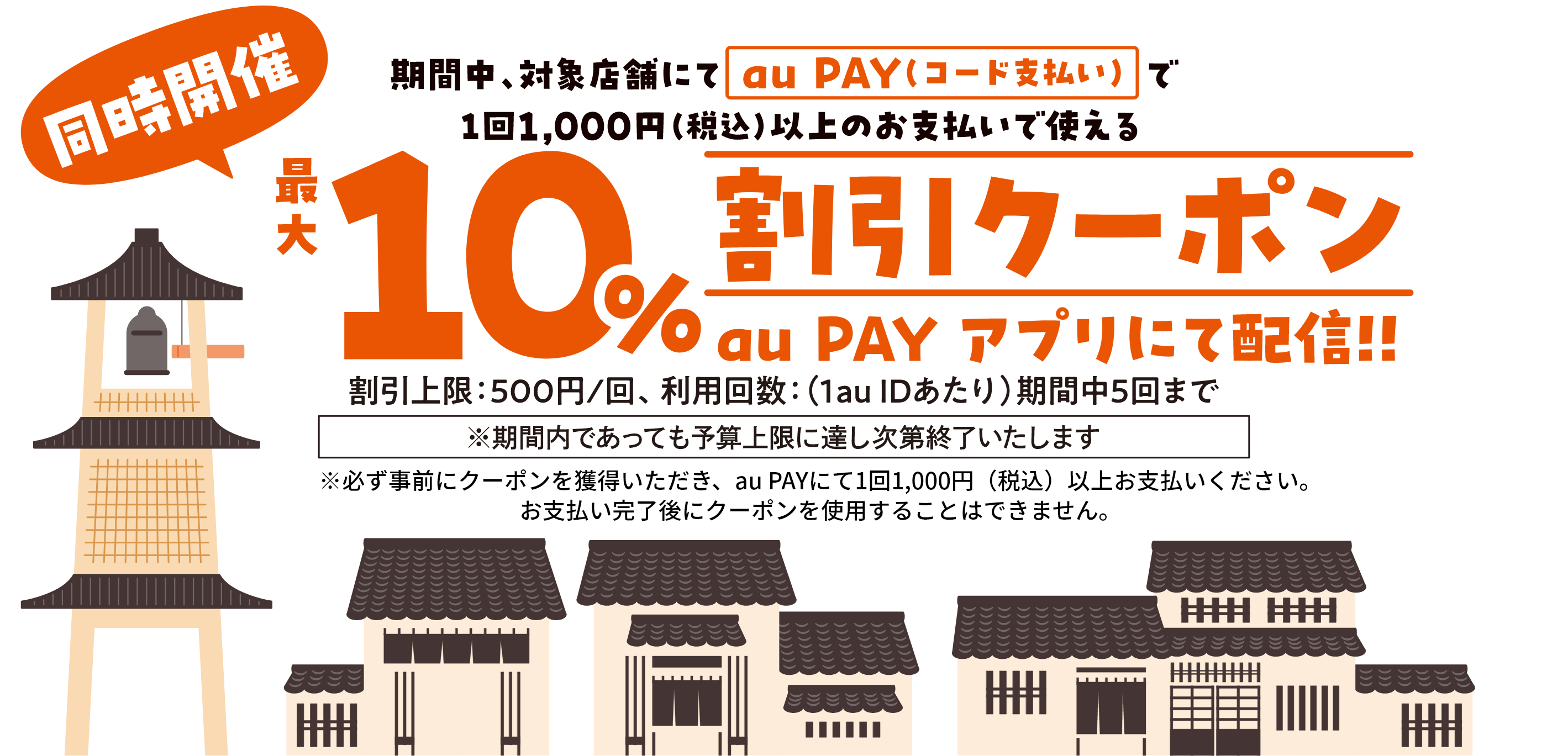 同時開催 期間中、対象店舗にてau Pay（コード支払い）で決済1回1,000円（税込）以上のお支払いで使える最大10%割引クーポンauPayアプリにて配信!!　割引上限：500円/回、利用回数：（1au IDあたり）期間中5回まで　※期間内であっても予算上限に達し次第終了いたします