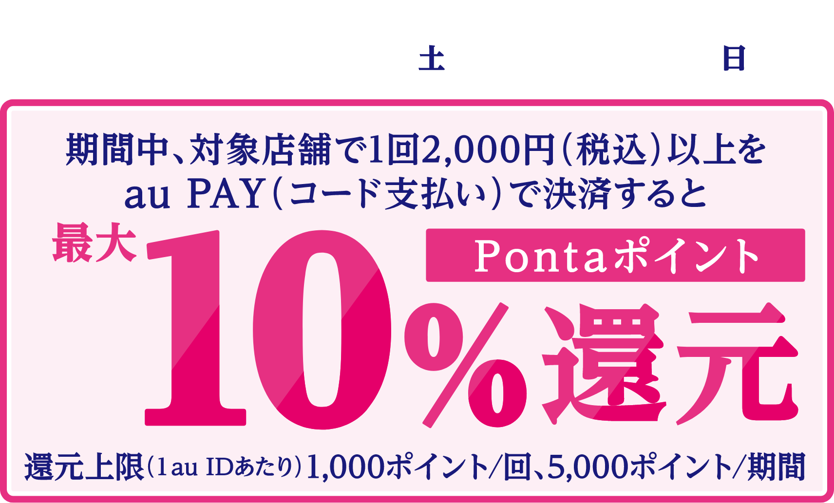 期間中、対象店舗で1回2,000円（税込）以上をau PAY（コード支払い）で決済するとPontaポイント最大10%還元。【還元上限（1 au IDあたり）】1.000ポイント/回、5,000ポイント/期間