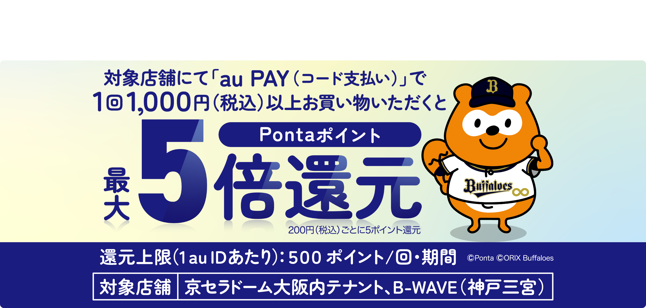 京セラドーム大阪 au PAYキャッシュレスキャンペーン　期間中、「京セラドーム大阪内、B-WAVE」で、1回1,000円（税込）以上をau PAY（コード支払い）で決済すると、200円（税込）ごとにPontaポイントを最大5倍（5ポイント/200円）還元します。【キャンペーン期間：2024年8月13日（火）～8月18日（日）】