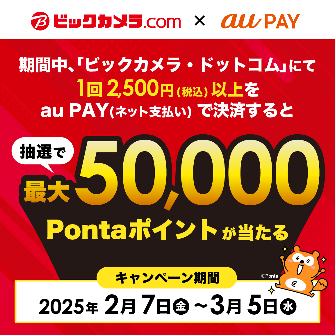 ビックカメラ・ドットコムにてau PAY（ネット支払い）でお支払いいただくと、抽選でPontaポイントがあたるキャンペーンを実施！キャンペーン期間：2025年2月7日～3月5日