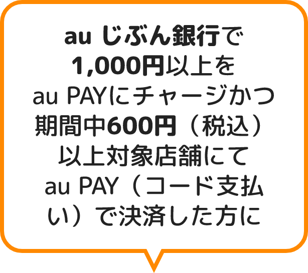 au じぶん銀行で1,000円以上をau PAYにチャージかつ期間中600円（税込）以上対象店舗にてau PAY（コード支払い）で決済した方に