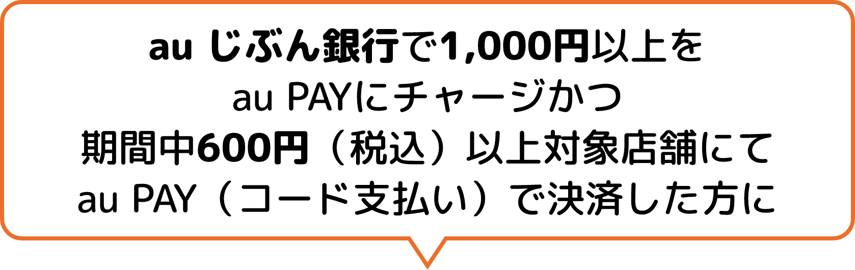 au じぶん銀行で1,000円以上をau PAYにチャージかつ期間中600円（税込）以上対象店舗にてau PAY（コード支払い）で決済した方に