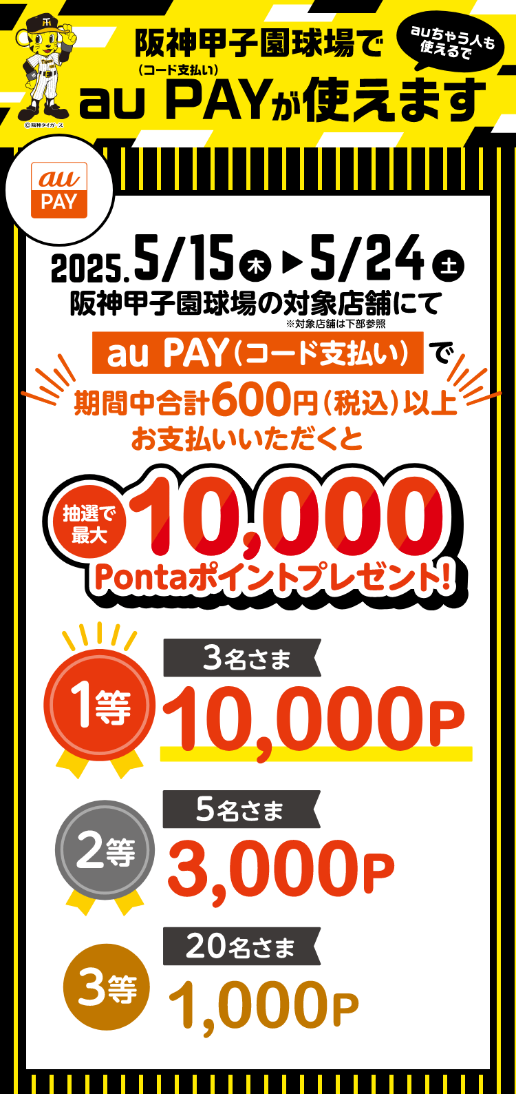 阪神甲子園球場でau PAY（コード支払い）が使えます。阪神甲子園球場の対象店舗にてau PAY（コード支払い）で期間中合計600円（税込）以上お支払いいただくと、抽選で最大10,000Pontaポイントプレゼント! 1等：10,000ポイント（3名さま）/2等：3,000ポイント（5名さま）/3等：1,000ポイント（20名さま）【キャンペーン期間：2025年5月15日（木）～2025年5月24日（土）】