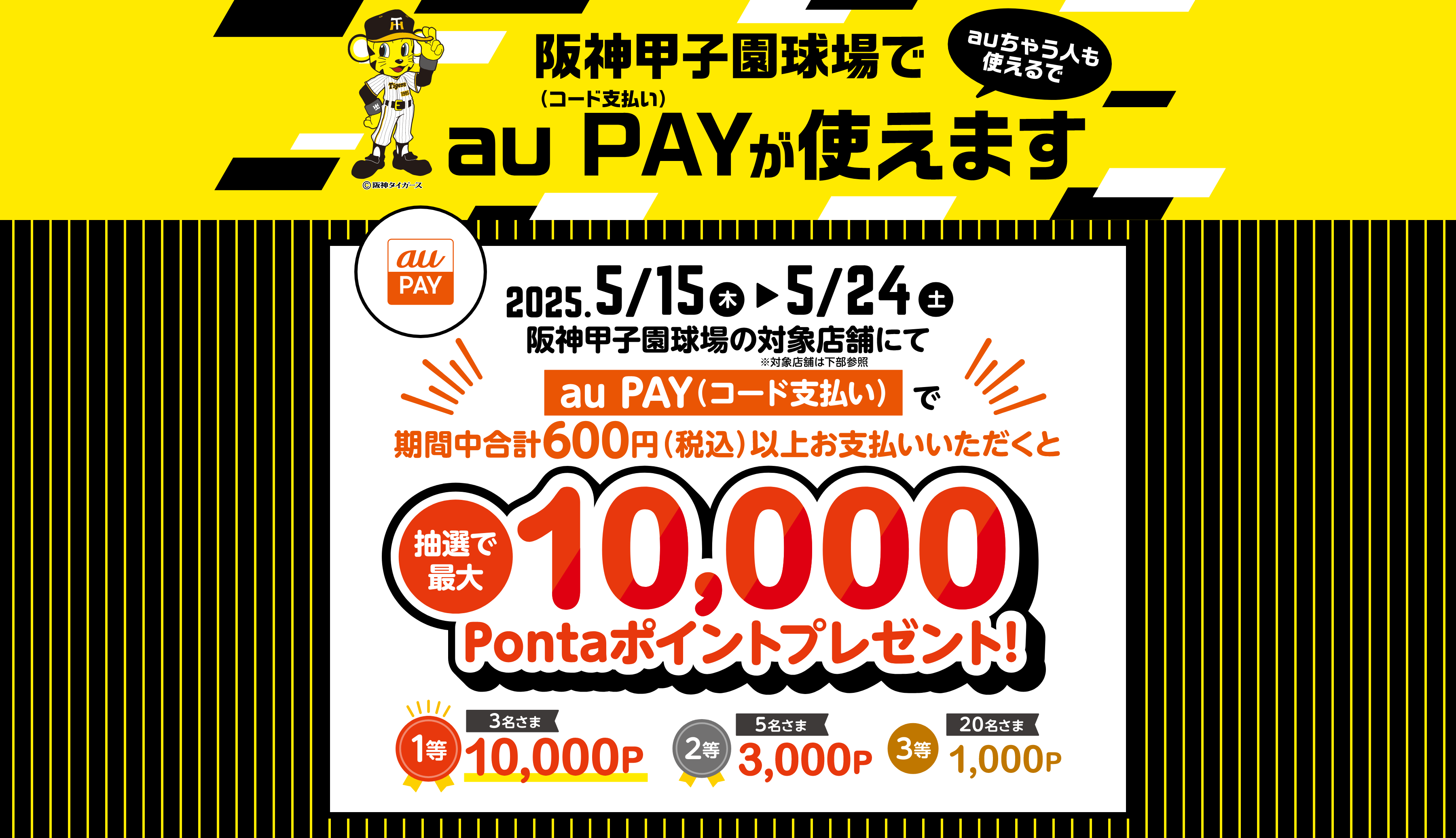 阪神甲子園球場でau PAY（コード支払い）が使えます。阪神甲子園球場の対象店舗にてau PAY（コード支払い）で期間中合計600円（税込）以上お支払いいただくと、抽選で最大10,000Pontaポイントプレゼント! 1等：10,000ポイント（3名さま）/2等：3,000ポイント（5名さま）/3等：1,000ポイント（20名さま）【キャンペーン期間：2025年5月15日（木）～2025年5月24日（土）】