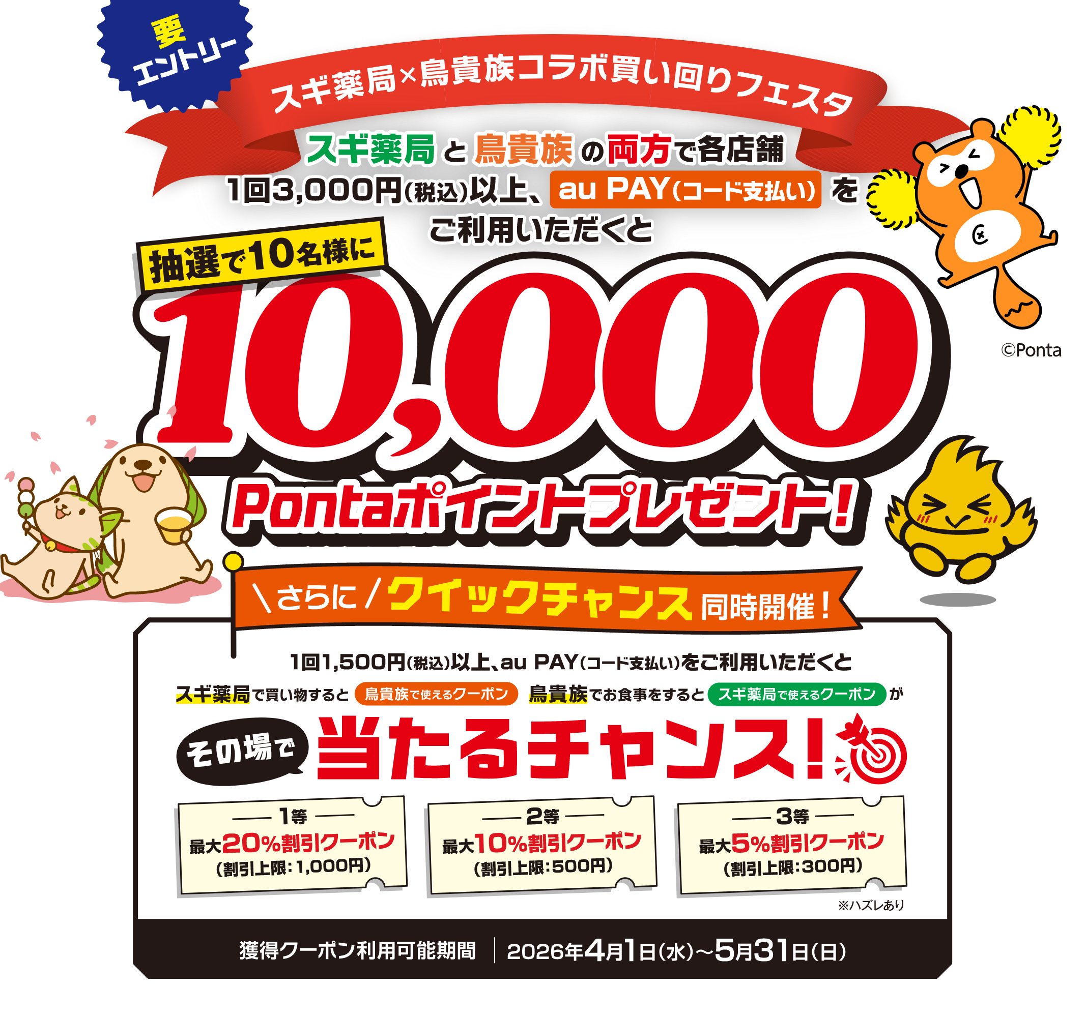 スギ薬局 × 鳥貴族コラボ買い回りフェスタ スギ薬局と鳥貴族の両方で各店舗1回3,000円（税込）以上、au PAY（コード支払い）をご利用いただくと、抽選で10名様に10,000Pontaポイントプレゼント！ さらにクイックチャンス同時開催！ 1回1,500円（税込）以上、au PAY（コード支払い）をご利用いただくと、スギ薬局で買い物すると鳥貴族で使えるクーポン 鳥貴族でお食事をするとスギ薬局で使えるクーポンがその場で当たるチャンス！ 1等：最大20％割引クーポン（割引上限：1,000円） 2等：最大10％割引クーポン（割引上限：500円）3等：最大5％割引クーポン（割引上限：300円） ※ハズレあり 【要エントリー】 【獲得クーポン利用可能期間：2026年4月1日（水）〜5月31日（日）】