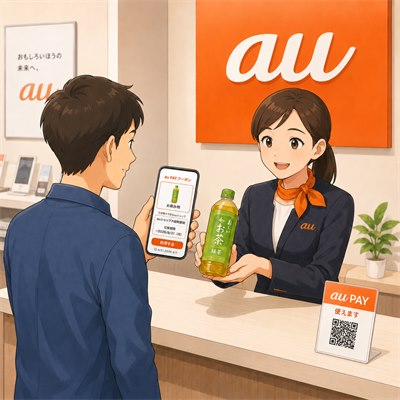 auショップの店頭でクーポン画面を提示して景品を受け取る様子