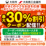 【自治体キャンペーン】神奈川県大和市の対象店舗で使える最大30％割引クーポンをプレゼント（2023年12月15日～）