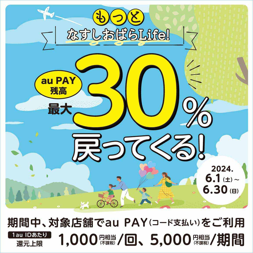 【自治体キャンペーン】栃木県 那須塩原市の対象店舗でau PAYを使うとお支払いの最大30％が戻ってくる（2024年6月1日～）