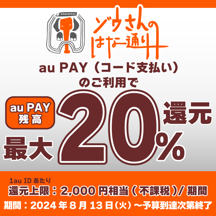 【自治体キャンペーン】鹿児島県 ゾウさんのはな通り会の対象店舗でau PAYを使うとお支払いの最大20％が戻ってくる（2024年8月13日～）