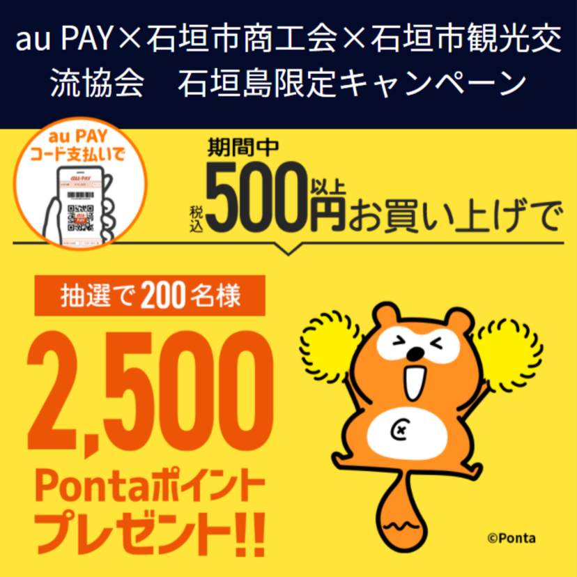 【自治体キャンペーン】沖縄県 石垣市の対象店舗でau PAYを使うと抽選でPontaポイントがもらえる
