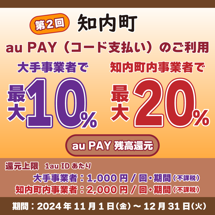 【自治体キャンペーン】北海道 知内町の対象店舗でau PAYを使うとお支払いの最大20％が戻ってくる（2024年11月1日～）