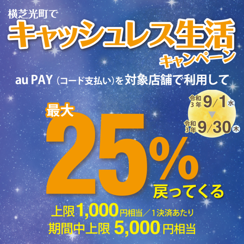 【自治体キャンペーン】千葉県 横芝光町の対象店舗でau PAYを使うとお支払いの最大25％が戻ってくる（2021年9月1日～）