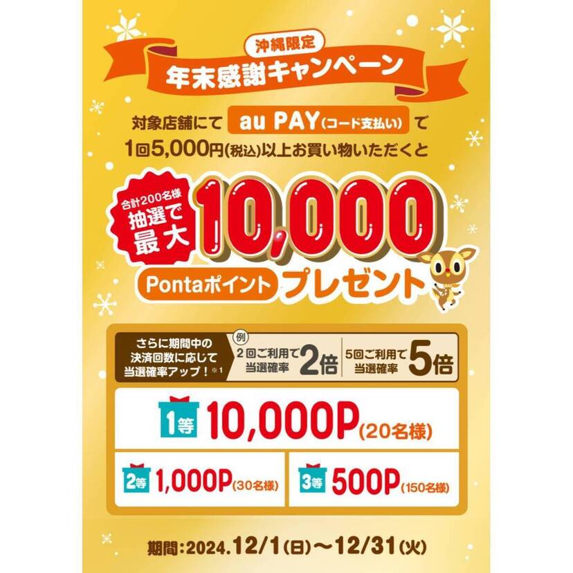 au PAY、沖縄県内の対象店舗でのお買い物で抽選で合計200名様に最大10,000Pontaポイントをプレゼント（2024年12月1日～）