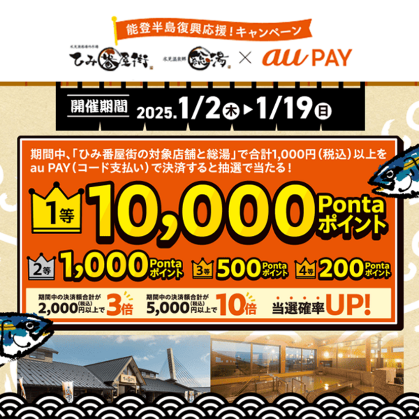 au PAY、ひみ番屋街の対象店舗と総湯でのお買い物で抽選で最大1万Pontaポイントをプレゼント（2025年1月2日～）