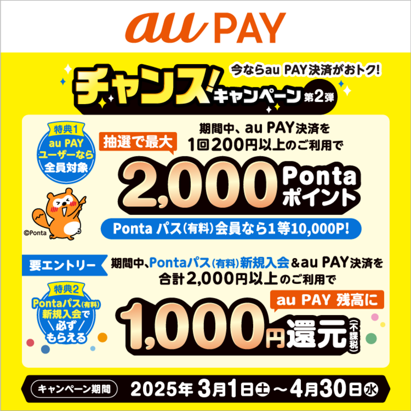 au PAYを使うと抽選で最大2,000Pontaポイントが当たる「チャンス！キャンペーン 第2弾」を開催！（2025年3月1日～）