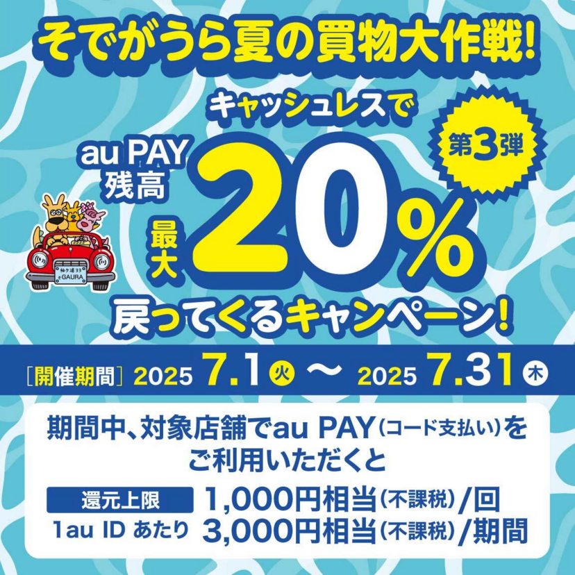 【自治体キャンペーン】千葉県 袖ケ浦市の対象店舗でau PAYを使うとお支払いの最大20％が戻ってくる（2025年7月1日～）