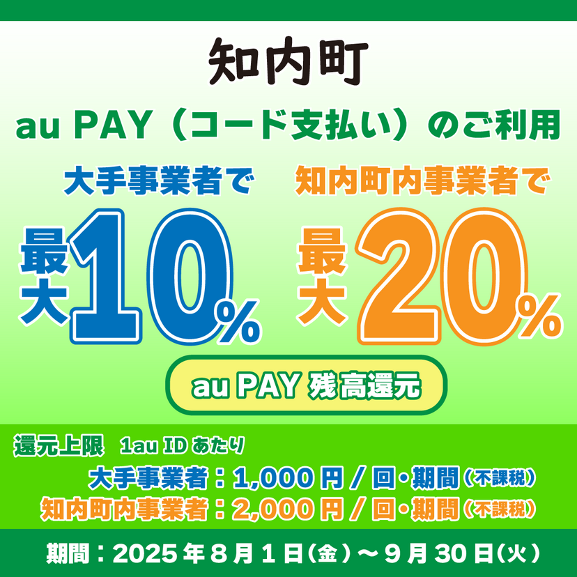【自治体キャンペーン】北海道 知内町の対象店舗でau PAYを使うとお支払いの最大20％が戻ってくる（2025年8月1日～）