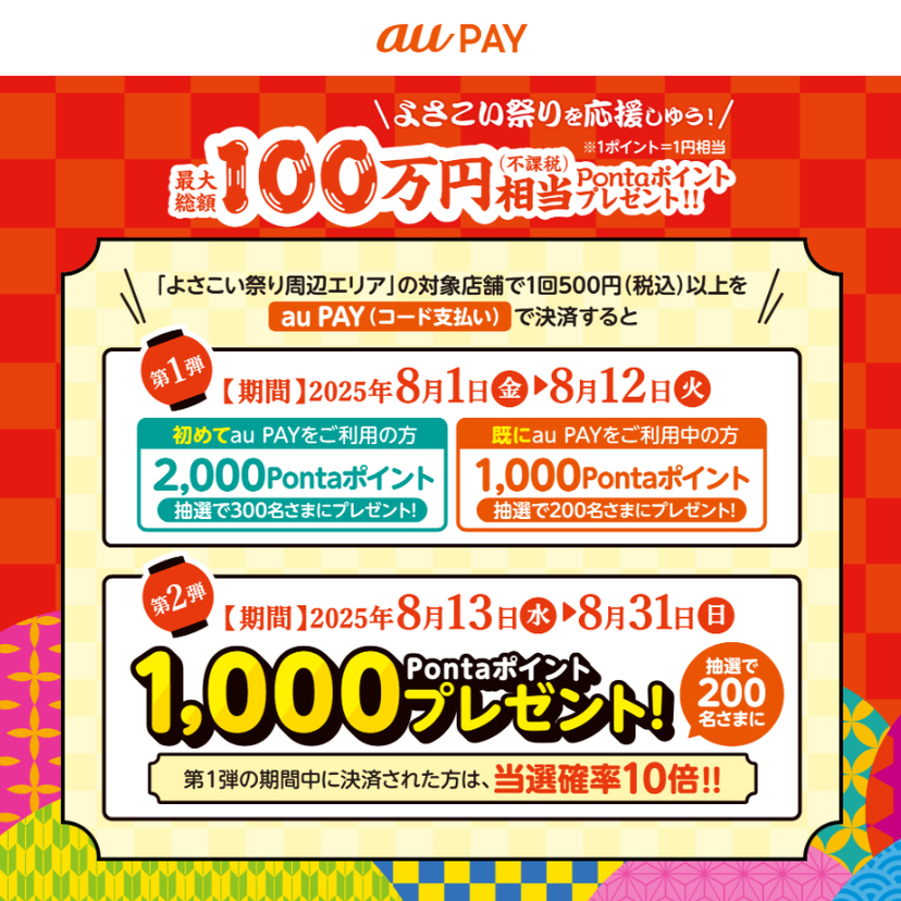 au PAY、よさこい祭り周辺エリアの対象店舗でのお買い物で抽選で最大100万円相当のPontaポイントをプレゼント（2025年8月1日～）