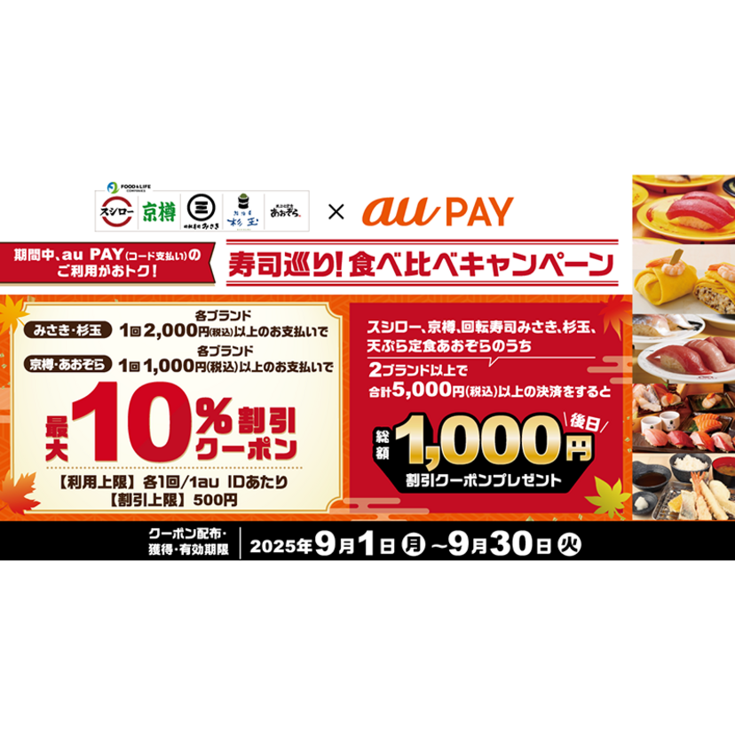 au PAY、回転寿司みさき、杉玉、京樽、天ぷら定食 あおぞらの対象店舗で使える最大10％割引クーポンをプレゼント（2025年9月1日～）