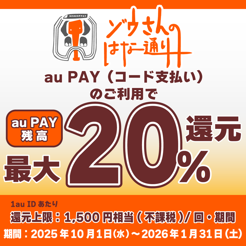 【自治体キャンペーン】鹿児島県 ゾウさんのはな通り会の対象店舗でau PAYを使うとお支払いの最大20％が戻ってくる（2025年10月1日～）