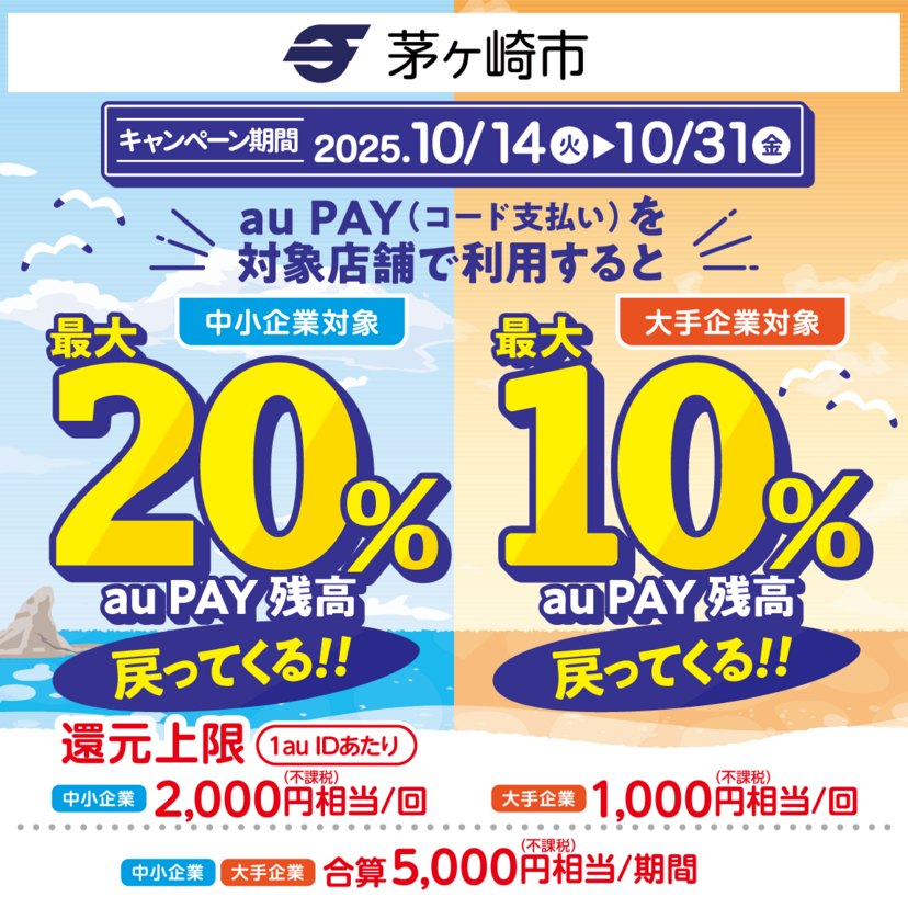 【自治体キャンペーン】神奈川県 茅ヶ崎市の対象店舗でau PAYを使うとお支払いの最大20％が戻ってくる（2025年10月14日～）