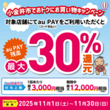 【自治体キャンペーン】東京都 小金井市の対象店舗でau PAYを使うとお支払いの最大30％が戻ってくる（2025年11月1日～）