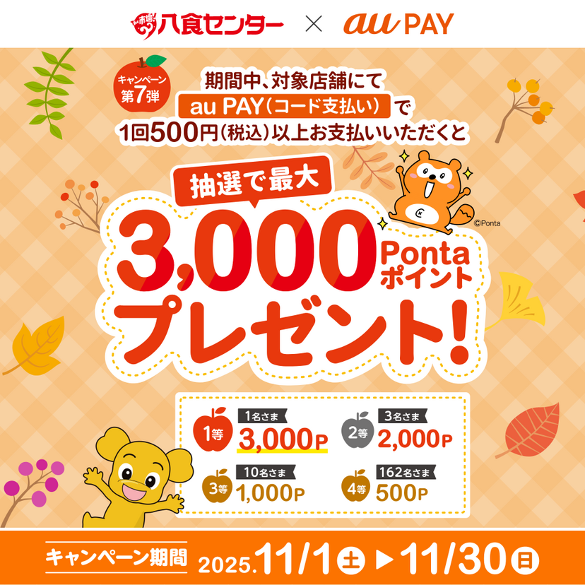 au PAY、八食センターの対象店舗でのお買い物で抽選で最大3,000Pontaポイントをプレゼント(2025年11月1日~)