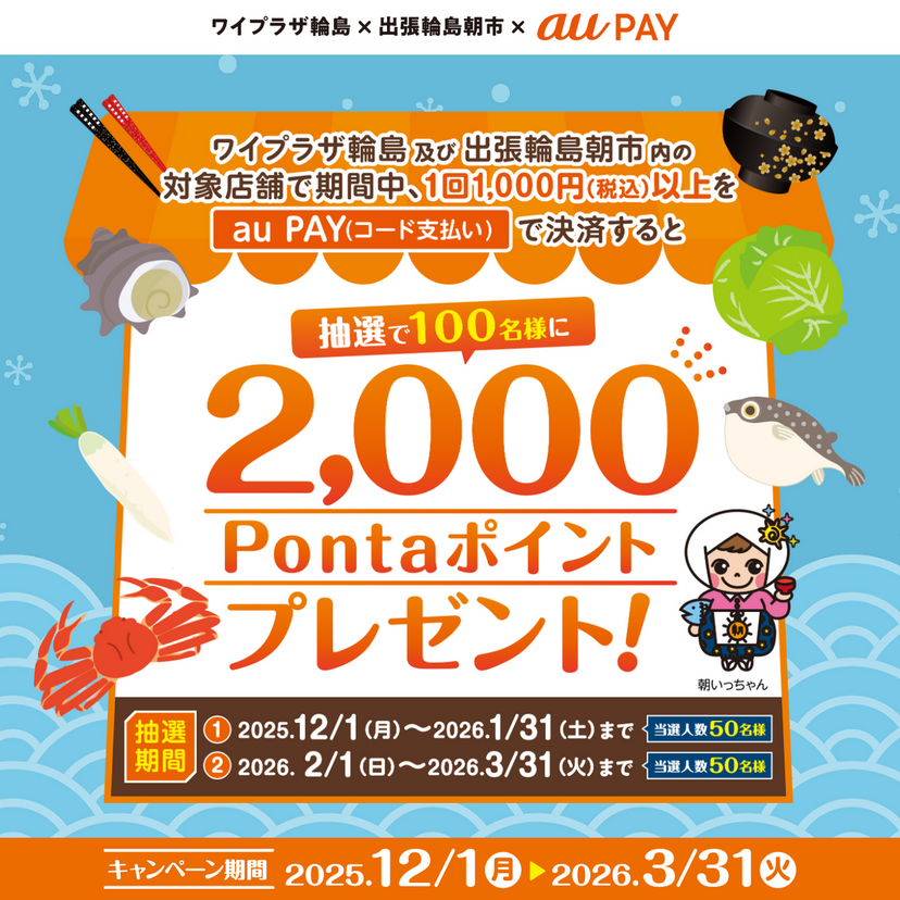 au PAY、ワイプラザ輪島および出張輪島朝市内の対象店舗でのお買い物で抽選で100名様に2,000Pontaポイントをプレゼント（2025年12月1日～）