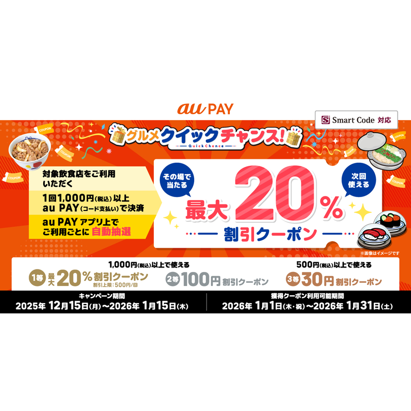 au PAY、対象の飲食店でau PAYを使うと抽選で最大20％割引のクーポンがその場で当たるグルメクイックチャンスを開催（2025年12月15日～）