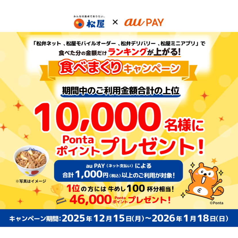 au PAY、松弁ネット、松屋モバイルオーダー、松弁デリバリー、松屋ミニアプリで決済額合計の上位10,000名様に最大46,000Pontaポイントをプレゼント（2025年12月15日～）