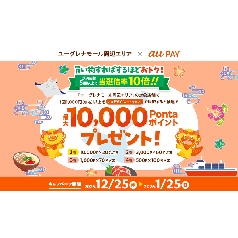 au PAY、ユーグレナモール周辺エリアの対象店舗でのお買い物で抽選で最大10,000Pontaポイントをプレゼント（2025年12月25日～）