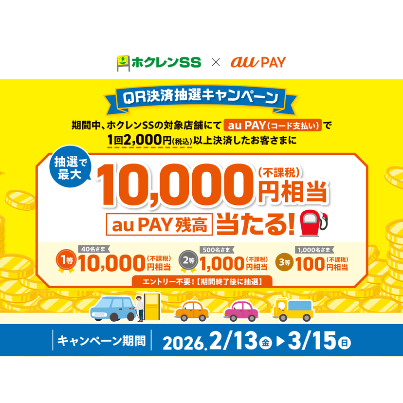 au PAY、ホクレンSSの対象店舗でのお買い物で抽選で最大10,000円相当のau PAY 残高を還元（2026年2月13日～）