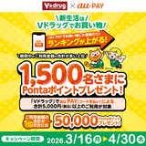 au PAY、Vドラッグの対象店舗でのご利用で決済額合計の上位1,500名様にPontaポイントをプレゼント（2026年3月16日～）