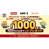 au PAY、Vドラッグ、ドトールグループの各対象店舗でのお買い物で抽選で1,000名様に100Pontaポイントをプレゼント（2026年5月1日～）