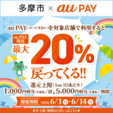 【自治体キャンペーン】東京都 多摩市の対象店舗でau PAYを使うとお支払いの最大20％が戻ってくる（2026年6月1日～）