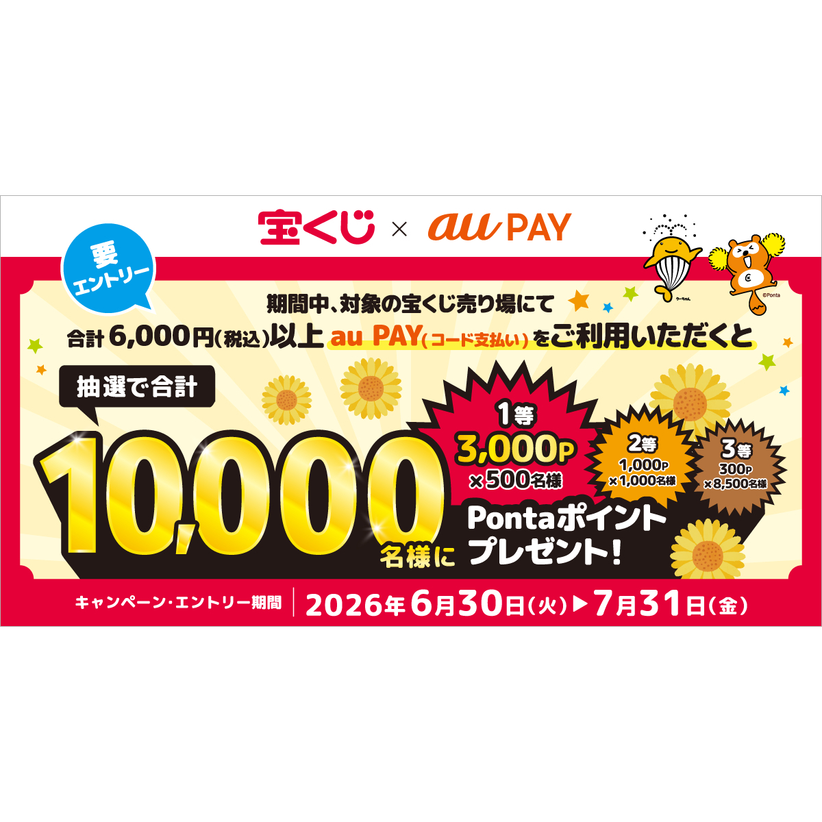 au PAY、対象の宝くじ売り場でau PAYを使うと抽選で10,000名様にPonta