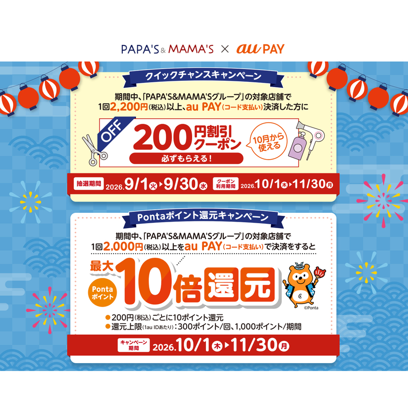 au PAY、PAPA’S&MAMA’Sの対象店舗で使える200円割引クーポンのプレゼントや、最大10倍のPontaポイントを還元（2026年9月1日～）