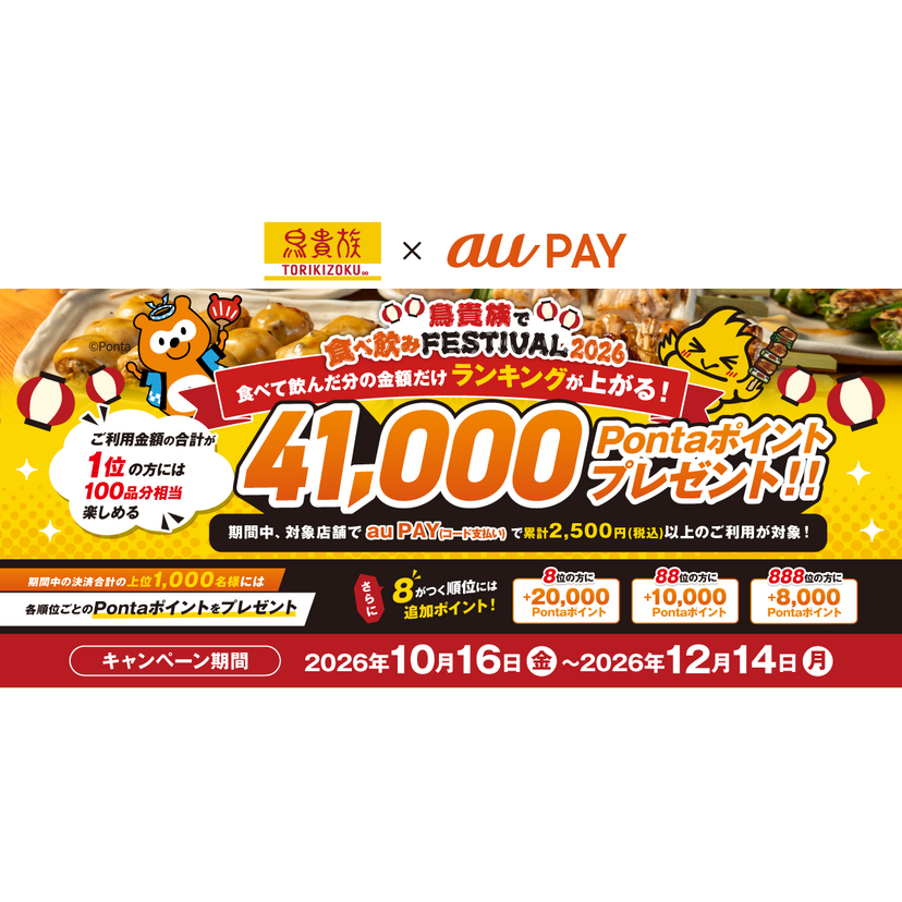 鳥貴族でau PAYを使うと、利用額ランキング1位に41,000Pontaポイントをプレゼント