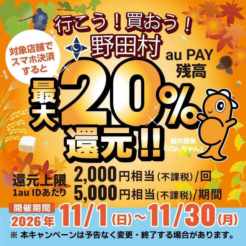 岩手県野田村の対象店でau PAY最大20％還元【2026年11月】