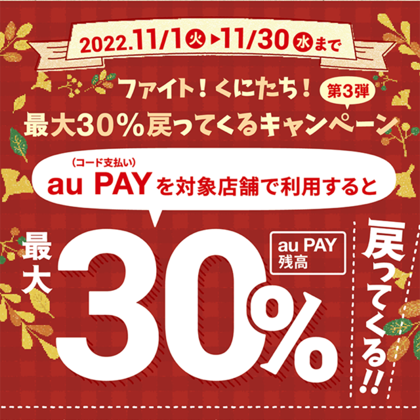 【自治体キャンペーン】東京都 国立市の対象店舗でau PAYを使うとお支払いの最大30％が戻ってくる（2022年11月1日～）