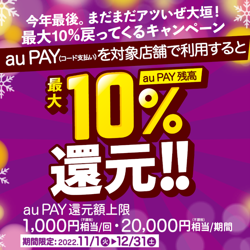 【自治体キャンペーン】岐阜県 大垣市の対象店舗でau PAYを使うとお支払いの最大10％が戻ってくる（2022年11月1日～）