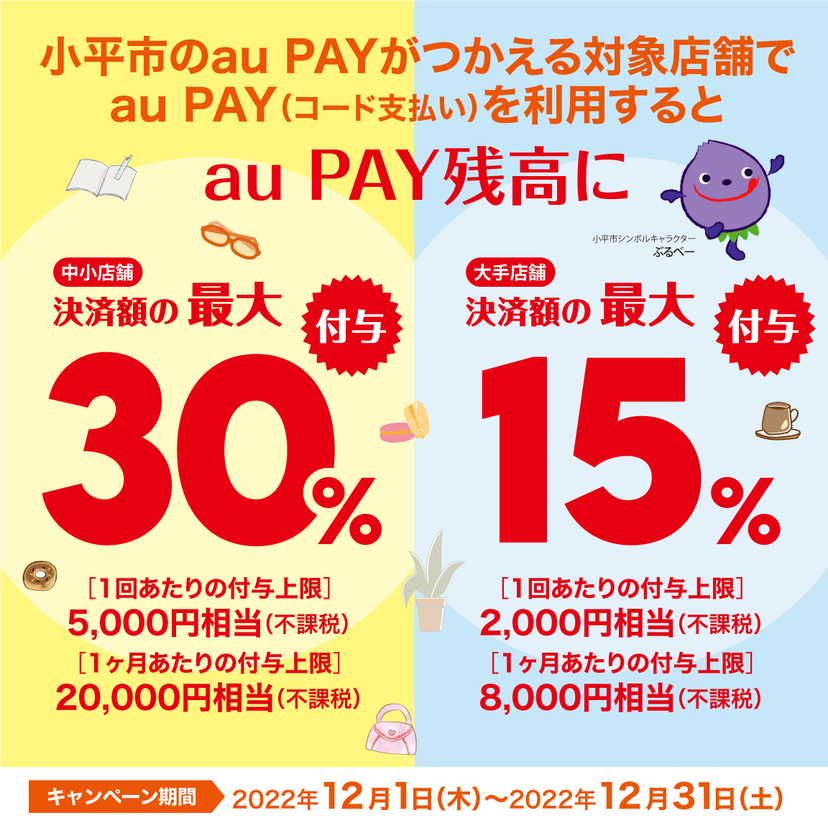 【自治体キャンペーン】東京都 小平市の対象店舗でau PAYを使うとお支払いの最大30％が戻ってくる（2022年12月1日～）