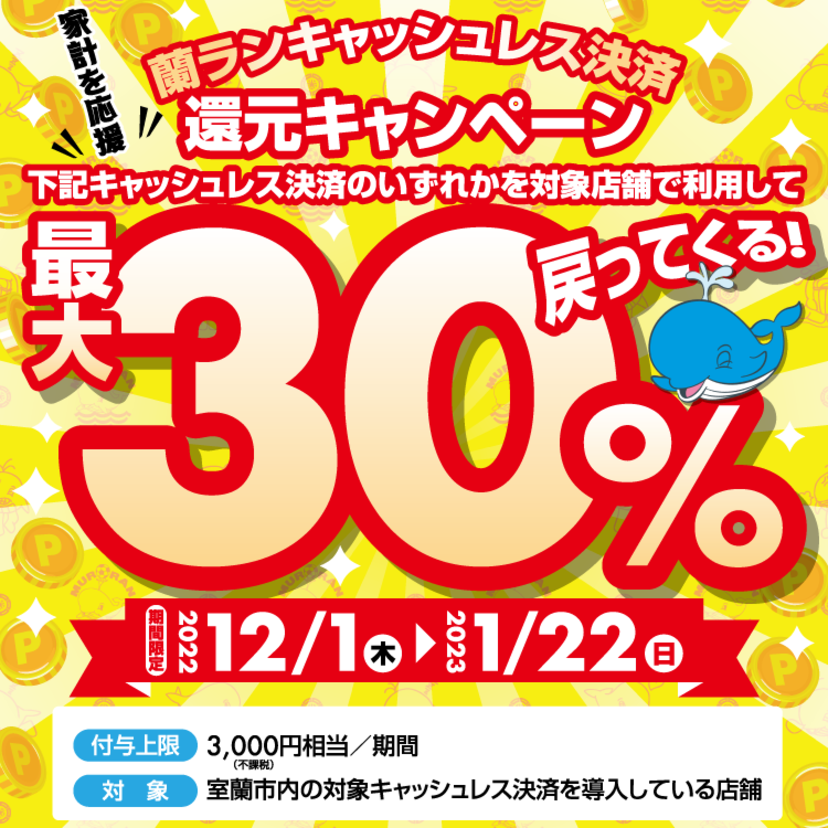 【自治体キャンペーン】北海道 室蘭市の対象店舗でau PAYを使うとお支払いの最大30％が戻ってくる（2022年12月1日～）