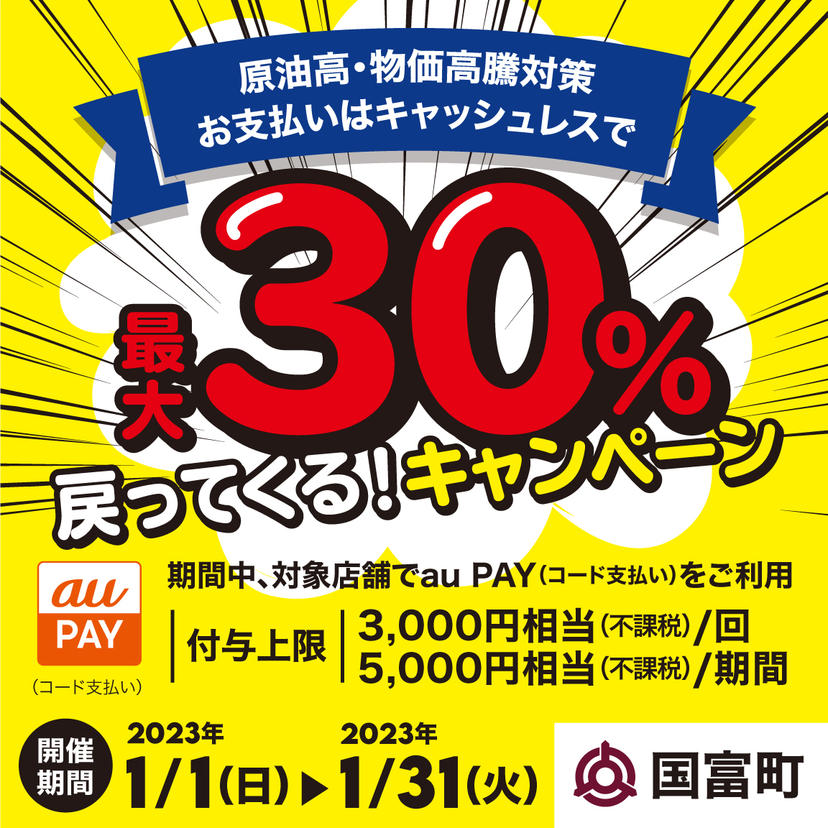 【自治体キャンペーン】宮崎県 国富町の対象店舗でau PAYを使うとお支払いの最大30％が戻ってくる（2023年1月1日～）