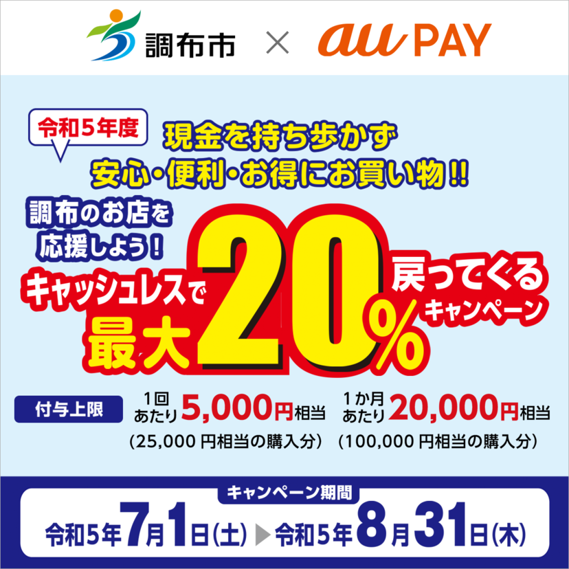 【自治体キャンペーン】東京都 調布市の対象店舗でau PAYを使うとお支払いの最大20％が戻ってくる（2023年7月1日～）