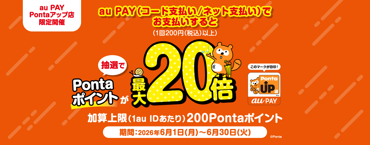 au PAY、au PAY Pontaアップ店の対象店舗でのお買い物で抽選で最大20倍