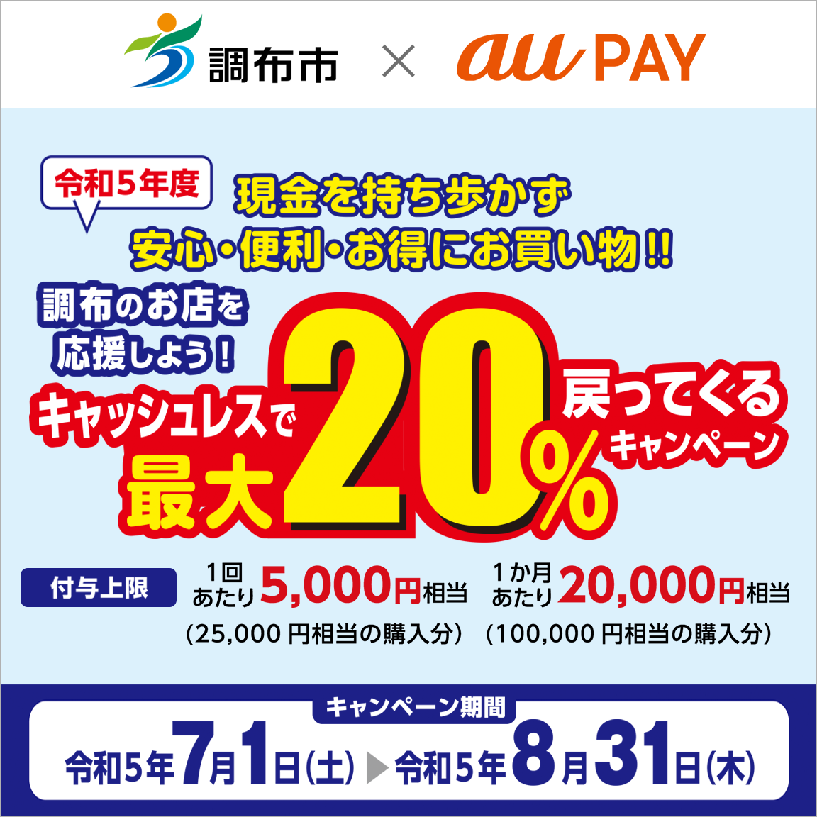 自治体キャンペーン】東京都 調布市の対象店舗でau PAYを使うとお支払いの最大20％が戻ってくる（2023年7月1日～）