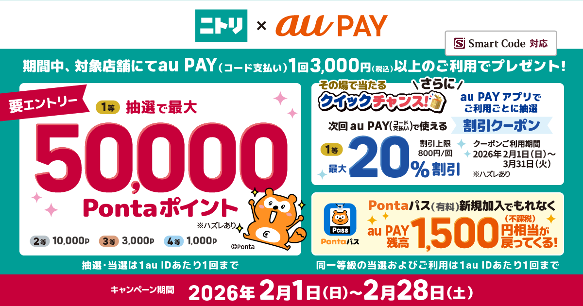 au PAY、ニトリ、島忠の対象店舗でau PAYを使うと最大50,000Ponta